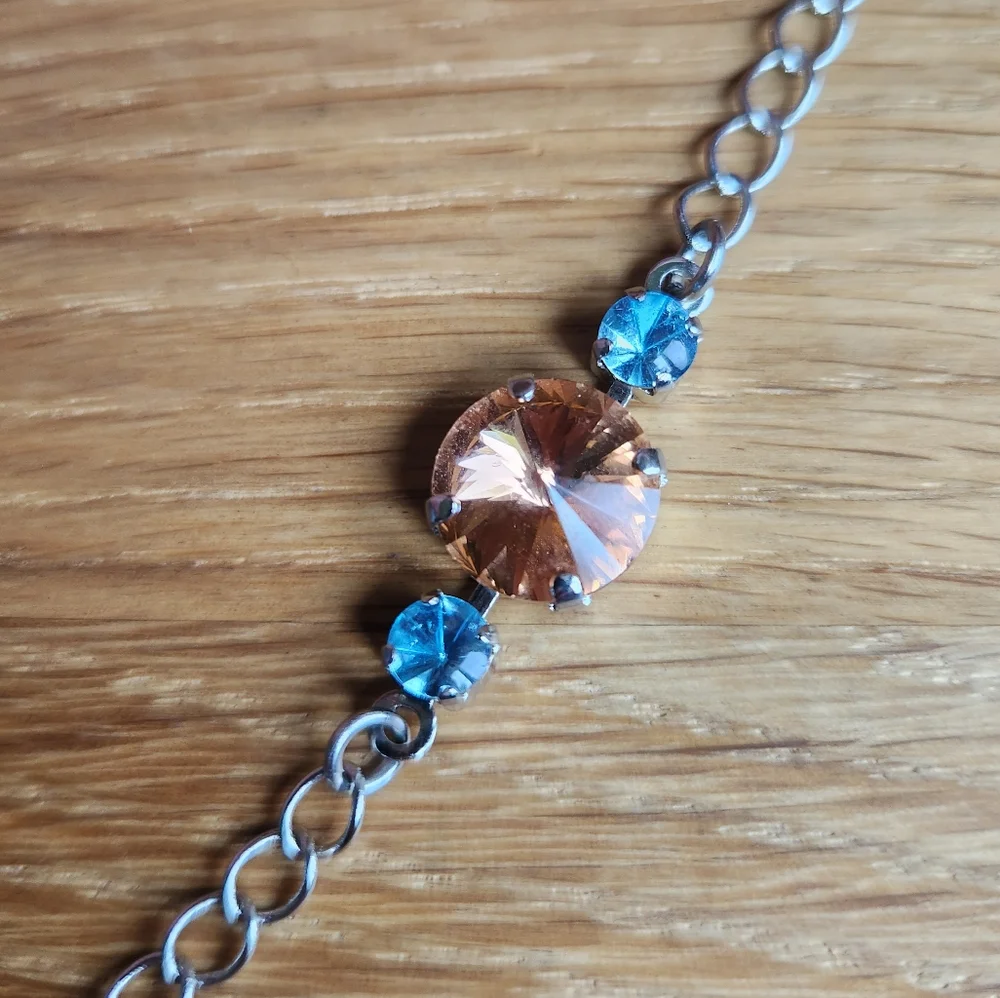Blue & Orange Crystal Silver Chain Bracelet | Handmade